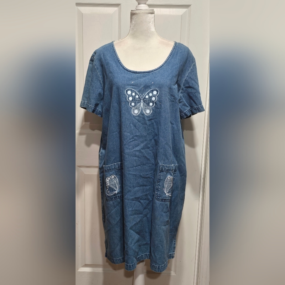 Vintage C.B. Casual Blue Denim Chambray Shift Dress Embroidered Butterflies